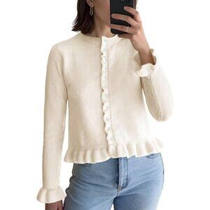 🆕Alljoin Womens White Long Sleeve Solid Knit Cardigan Casual Crewneck Sweaters